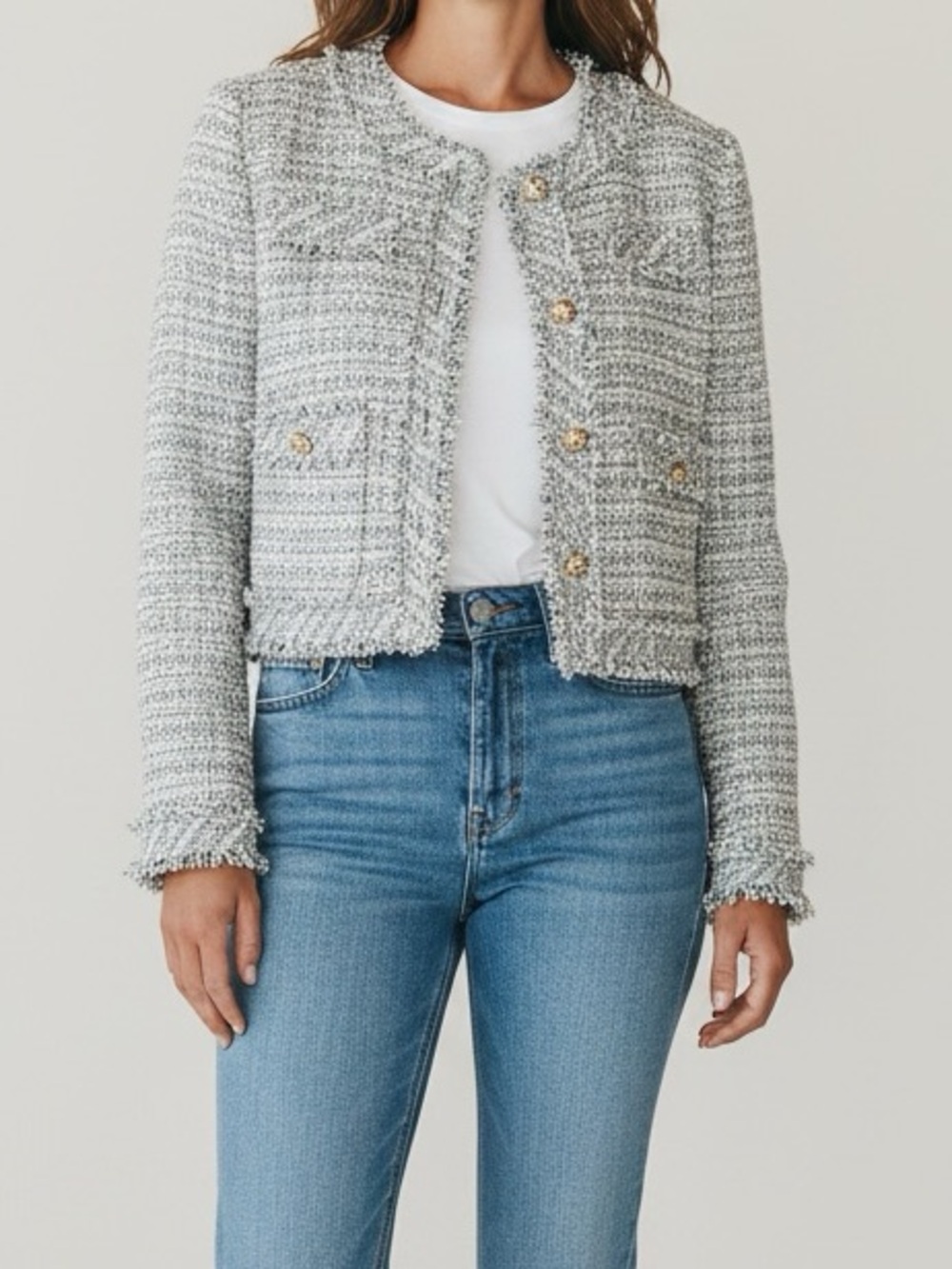 J.ING Blue White Tweed Bouclé Cropped Jacket M/L Gold Buttons Frayed Trim
